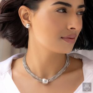 Anti-Tarnish Gold Plated Box Chain Necklace Set With Earrings - Silver