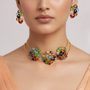 Anti-Tarnish Multi Crystal Beads Choker Necklace Set With Earrings