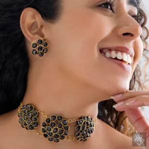 Stunning Black Crystal Beads Gold Choker Necklace Set With Earrings